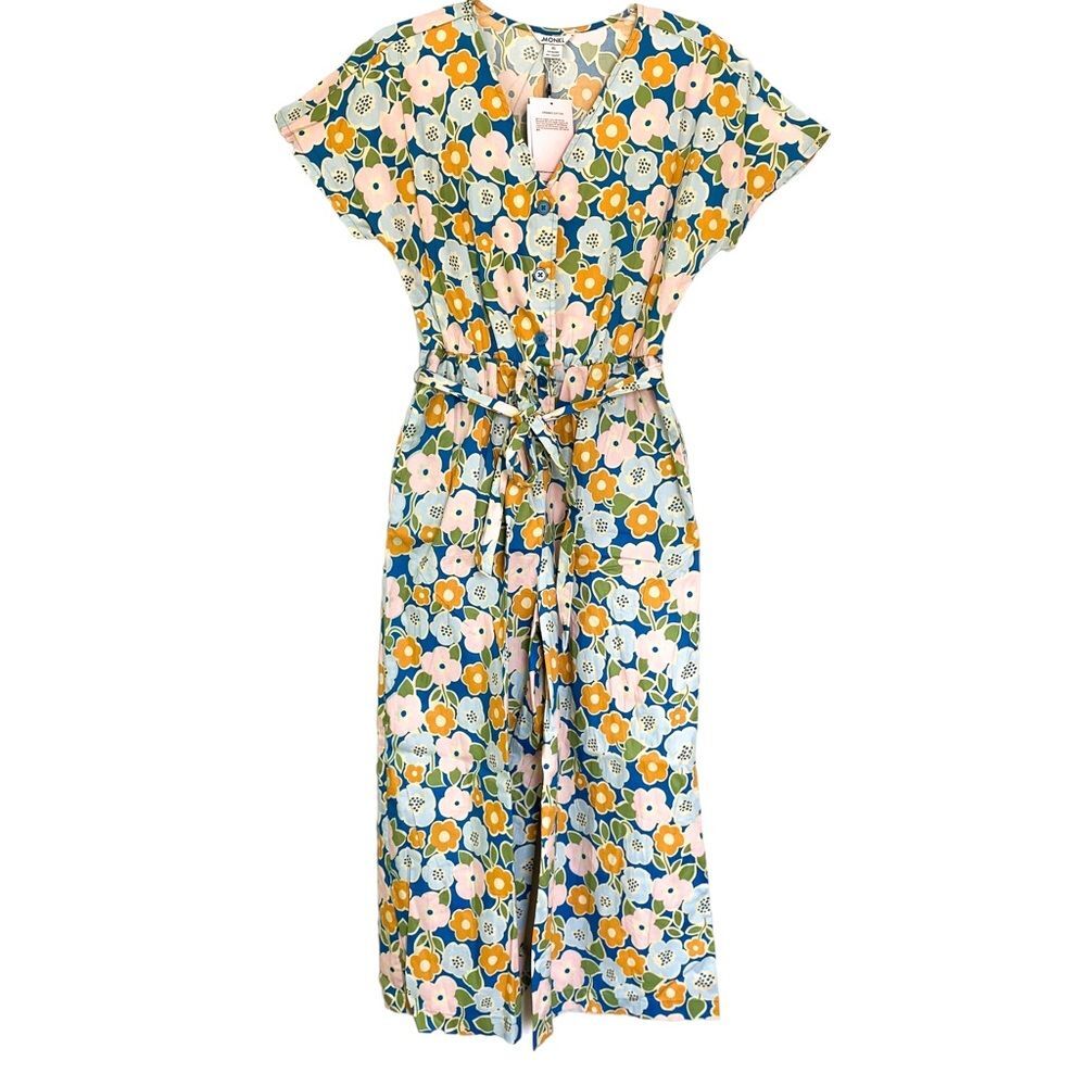 Monki ASOS Blue Orange Retro Floral Short Sleeve Playsuit Jumpsuit Size XS